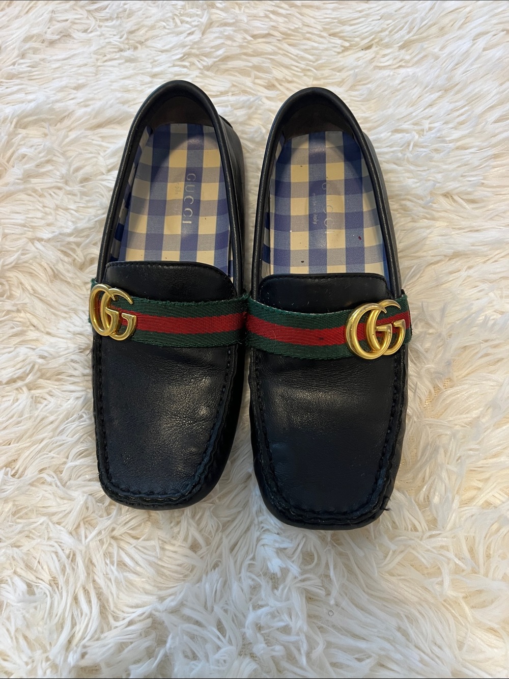 Gucci Black Leather Loafers with Green-Red Web & Gold GG
